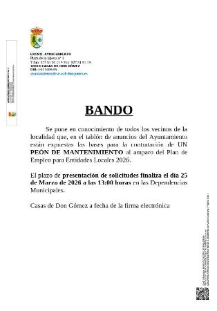 Imagen 25 de Marzo - BASES CONTRATACIÓN PEÓN DE MANTENIMIENTO.