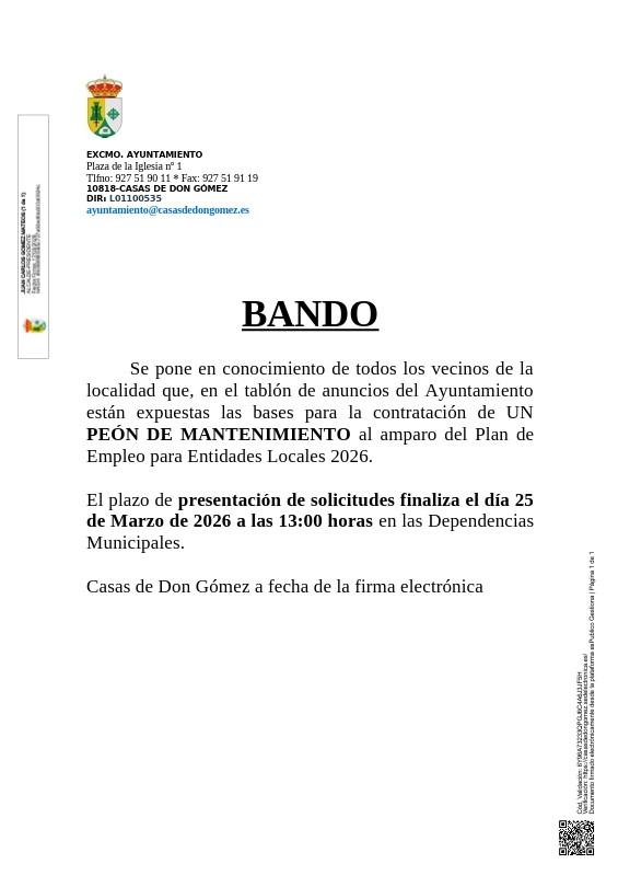 Imagen 25 de Marzo - BASES CONTRATACIÓN PEÓN DE MANTENIMIENTO.